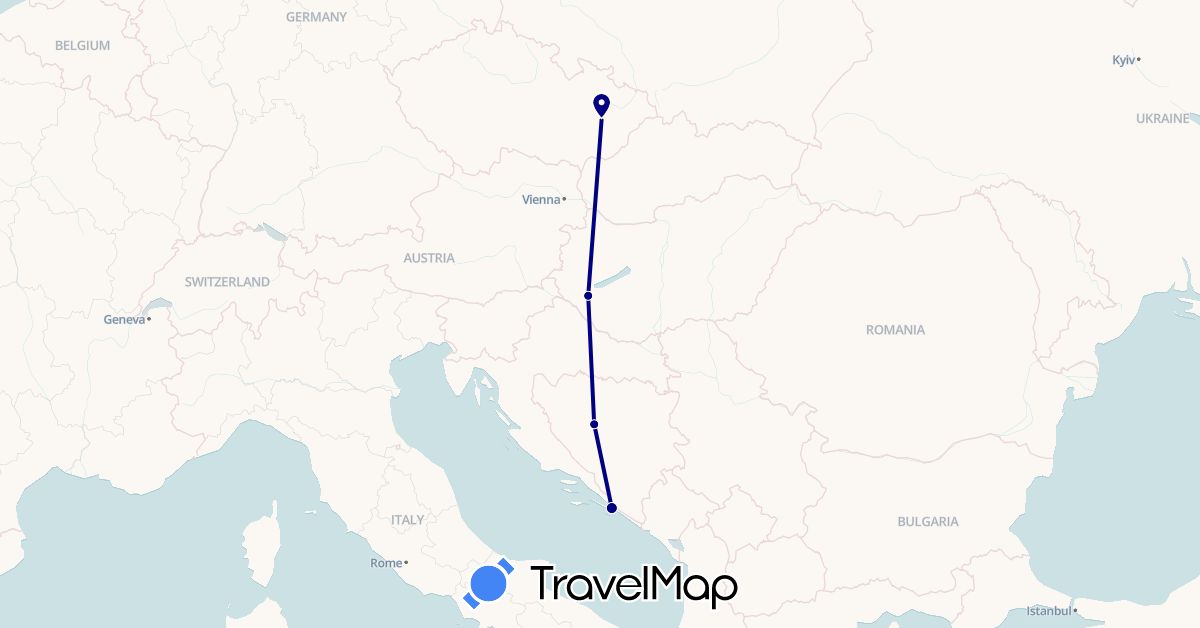 TravelMap itinerary: driving in Bosnia and Herzegovina, Czech Republic, Croatia, Hungary (Europe)